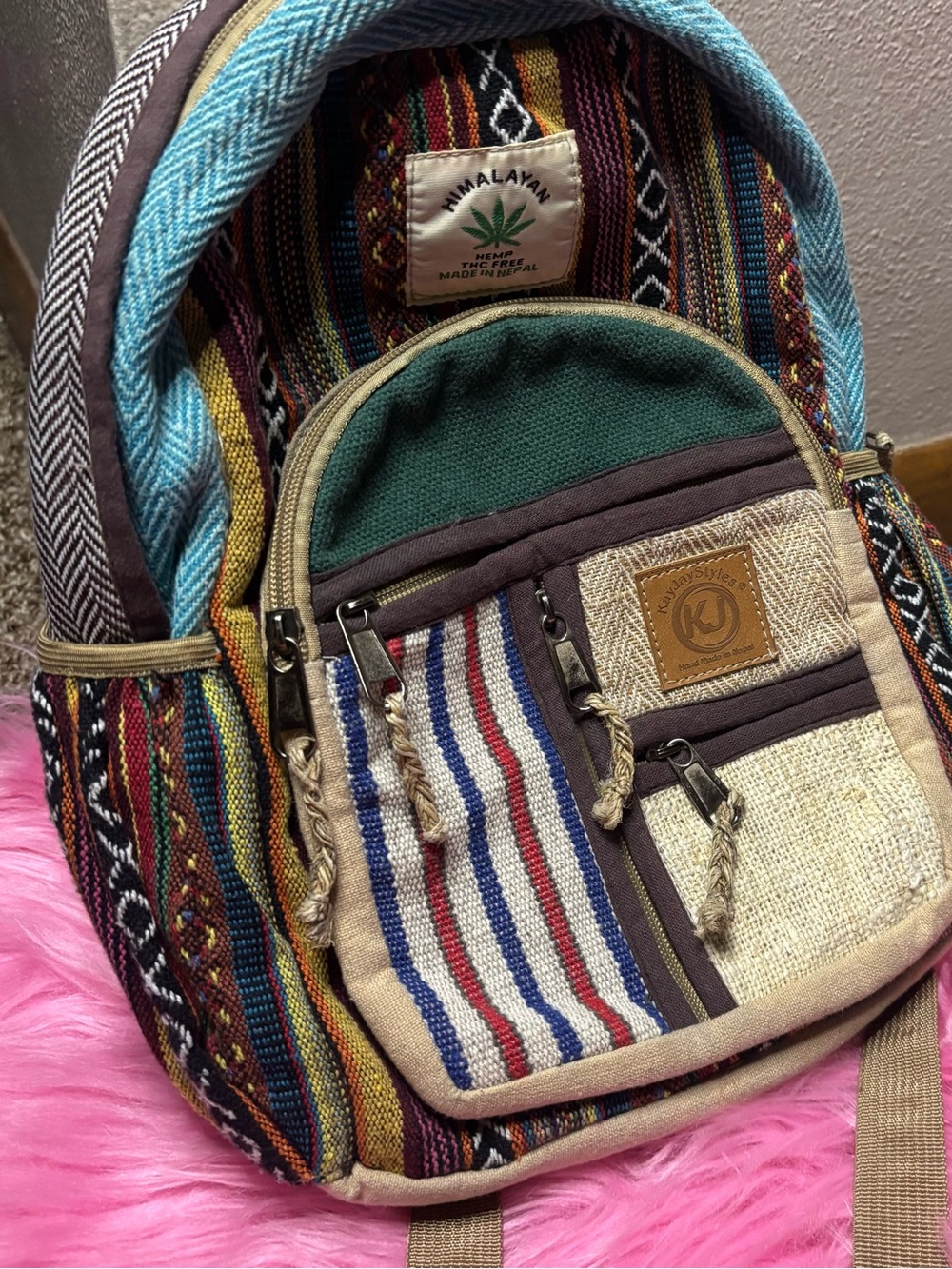 Himalayan Hemp Backpack with Multicolor and several pockets Boho Indie Summer